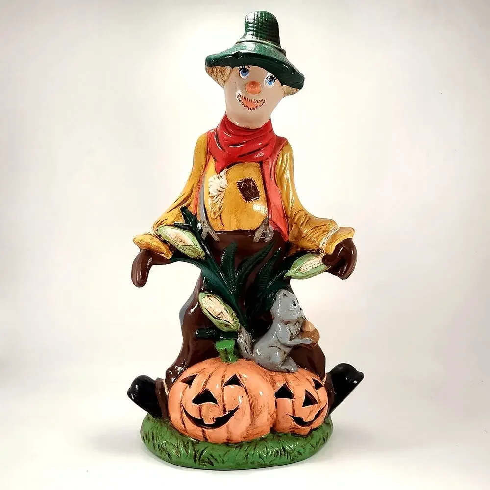 Vintage Ceramic Scarecrow & Pumpkin Luminary | 1970s/80s Halloween Decor